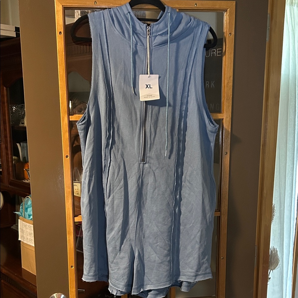 Blue Sleeveless Hooded Romper